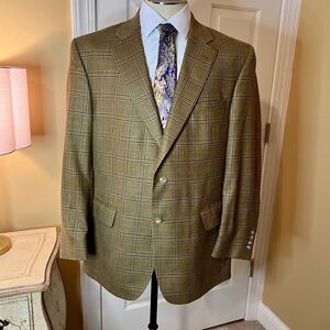 Men's Jos. A. Bank Silk Wool Tan Brown Plaid Sport Coat Blazer Jacket Size 43R